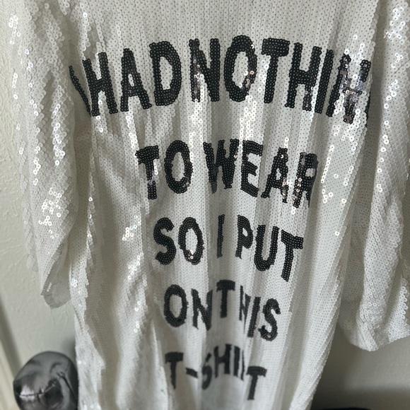 White Sequin T-Shirt with Black Text - Picture 4 of 4